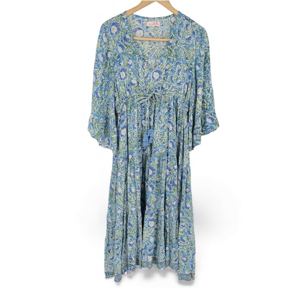Mary Marshmallow Blue and Green Floral Patterned Flowy Sleeve Maxi Dress